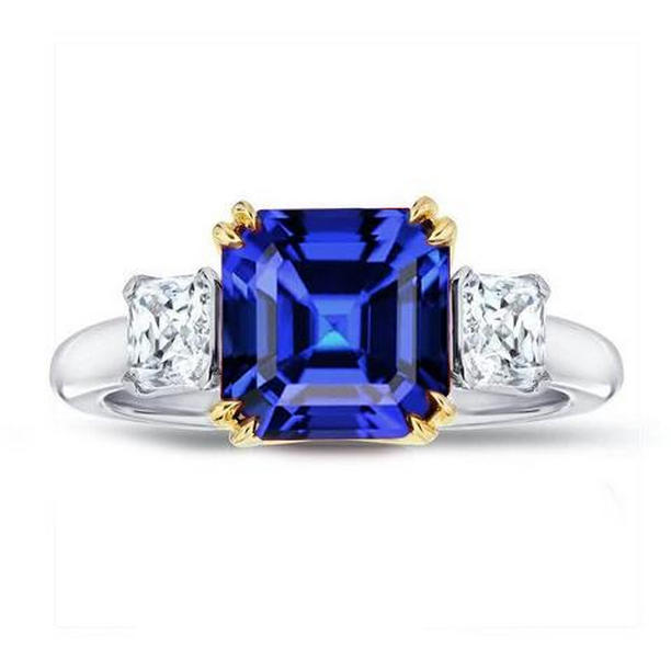 Picture of Harry Chad Enterprises 69455 3 Stone Radiant Diamond & Asscher 2.50 CT Two Tone Sapphire Ring&#44; Size 6.5