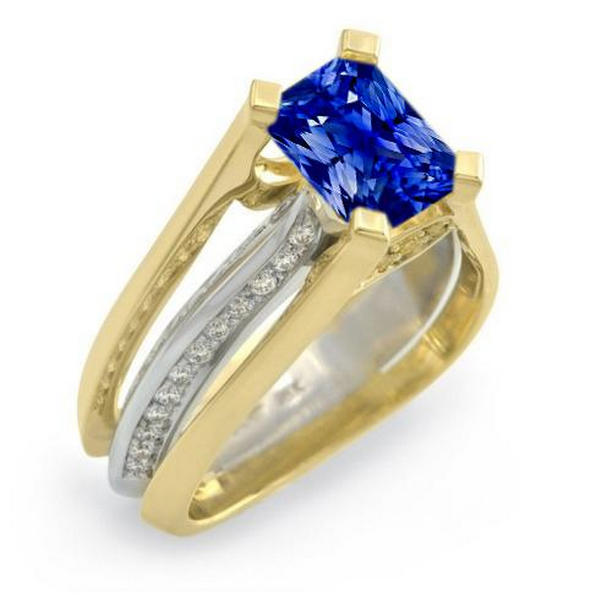 Picture of Harry Chad Enterprises 69456 Two Tone Gold Radiant Ceylon Sapphire 3 CT Split Shank Diamond Ring, Size 6.5
