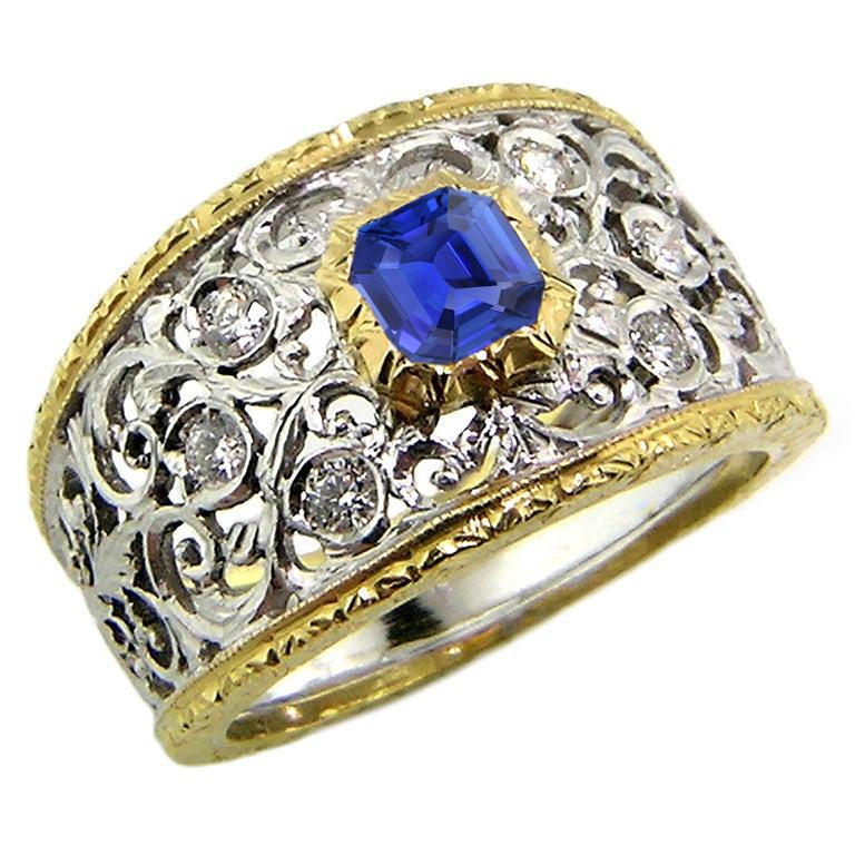 Picture of Harry Chad Enterprises 69460 2 CT Round Diamond Bezel Asscher Two Tone Filigree Sapphire Ring, Size 6.5
