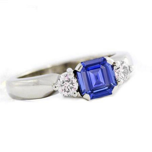 1.25 CT Womens 3 Stone Round Diamond Asscher Sapphire Ring, Size 6.5