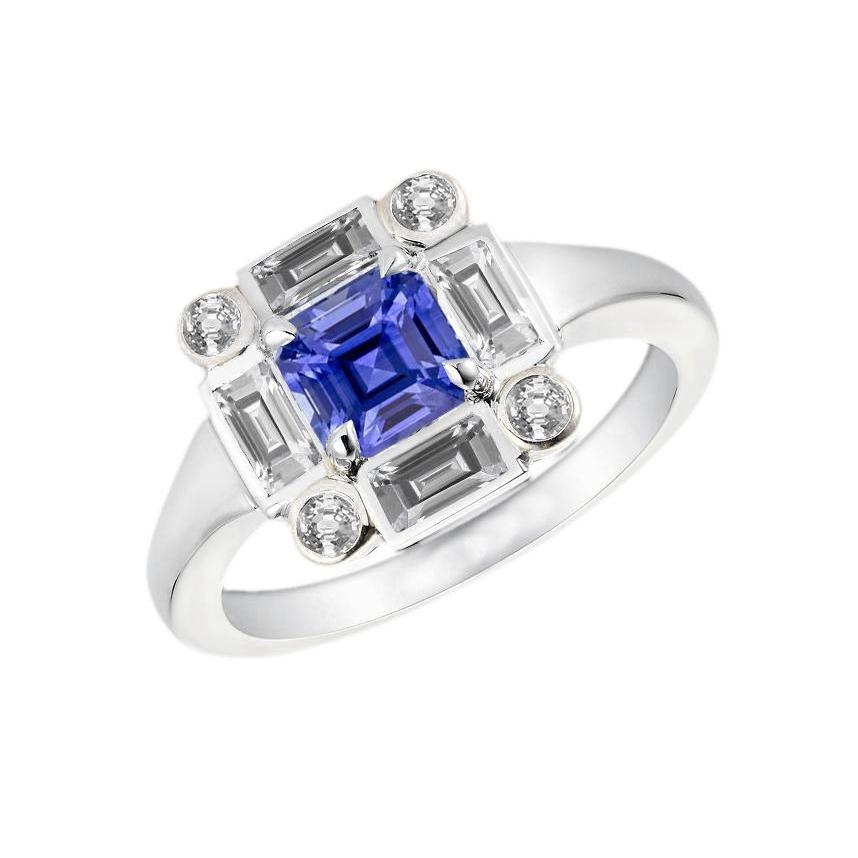 69465 Halo Blue 3 CT Bezel Set Baguette & Round Diamonds Sapphire Ring, Size 6.5