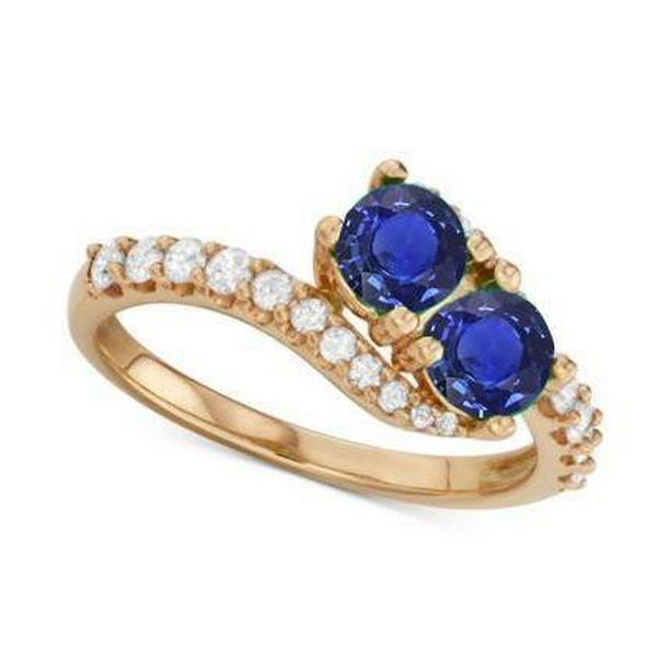 69466 2.50 CT Round Diamond & Blue Twisted Shank Rose Gold Sapphire Ring, Size 6.5
