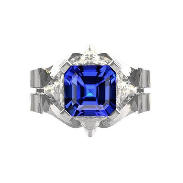 69467 Asscher Solitaire Sapphire 2 CT Split Shank Engagement Ring, Gold - Size 6.5
