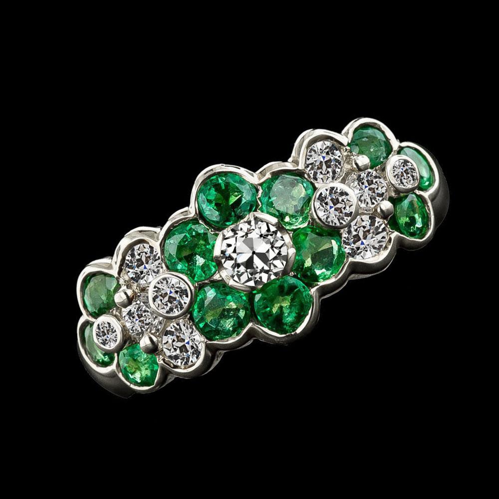 69473 4.75 CT Old Cut Round Diamond & Green Sapphire Flower Style Ring, Size 6.5