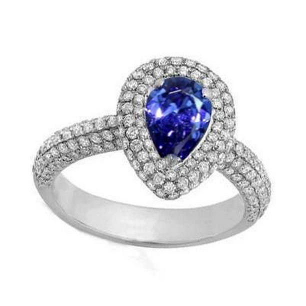 18681 2.30 CT Blue Sapphire Center Pear Round Diamond Ring, 18K White Gold - Size 6.5