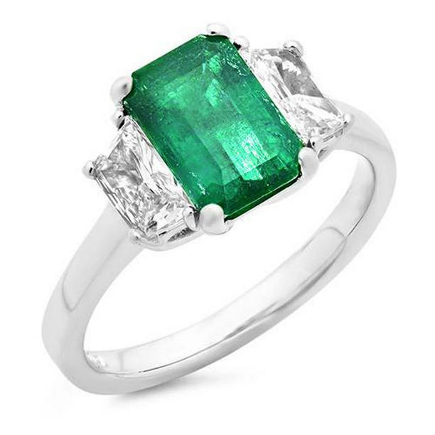 18722 2.50 CT Green Emerald & Diamond 3 Stone Ring, 18K White Gold - Size 6.5