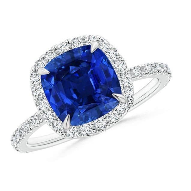 4 CT Ceylon Sapphire Halo Diamonds Ring, 14K White Gold - Size 6.5