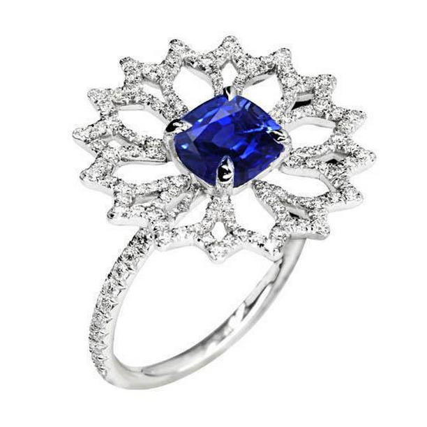 Picture of Harry Chad Enterprises 25544 2.51 CT Flower Style Cushion & Round Diamond Blue Sapphire Ring&#44; Size 6.5