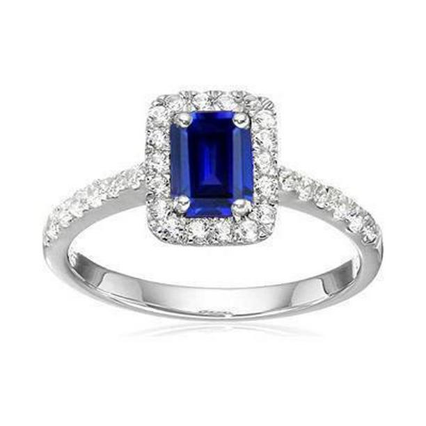30244 3 CT Emerald Cut Sri Lanka Sapphire Diamonds Ring, 14K White Gold - Size 6.5