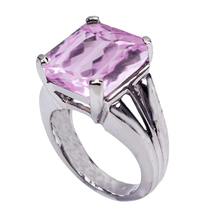 30258 Princess Cut 15 CT Solitaire Kunzite Ring, 14K White Gold - Size 6.5