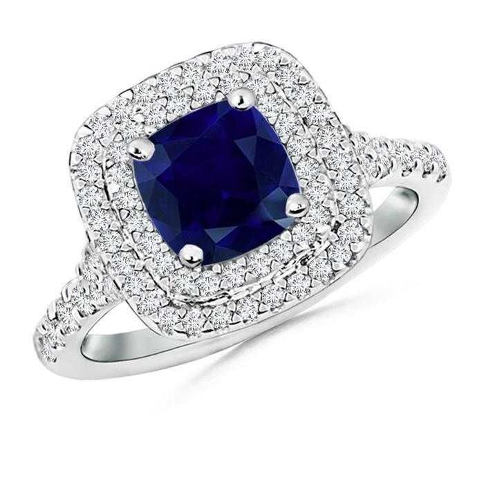 30273 4.0 CT Ceylon Sapphire Double Halo Diamond Ring, 14K White Gold - Size 6.5