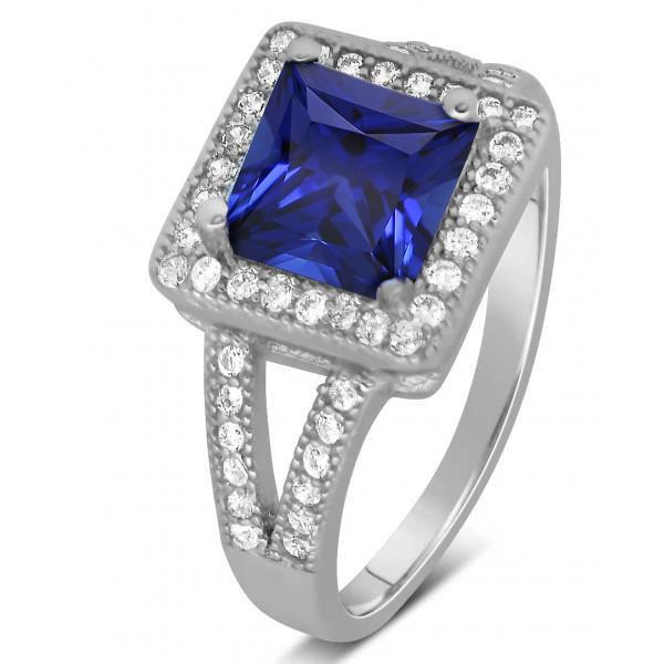 30575 3.56 CT Princess Round Cut Sri Lanka Sapphire Diamond Ring, 14K White Gold - Size 6.5