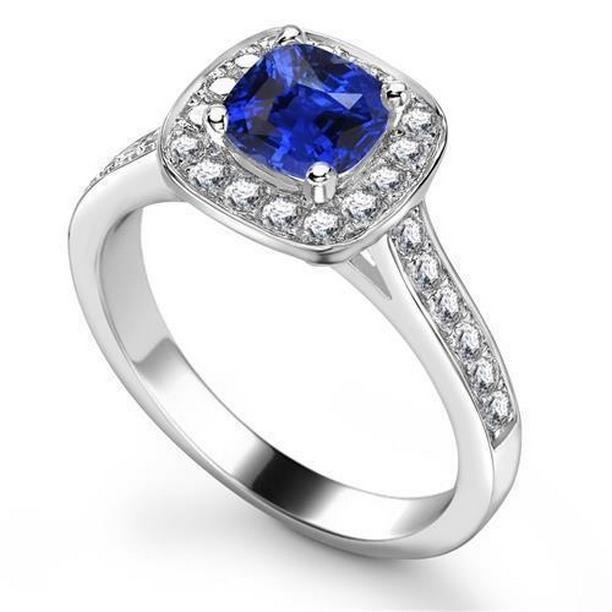 30623 2.65 CT Cushion & Round Cut Ceylon Sapphire Diamonds Ring, White Gold - Size 6.5
