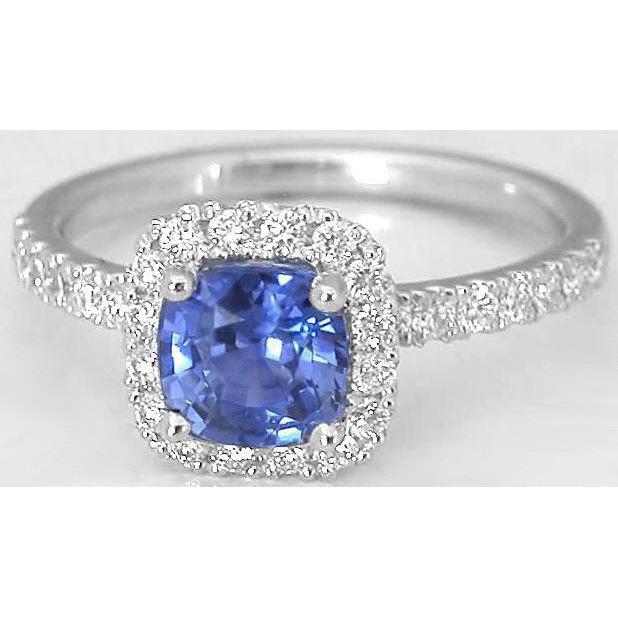 30659 2 CT Cushion Ceylon Sapphire & Diamond Ring, 14K White Gold - Size 6.5