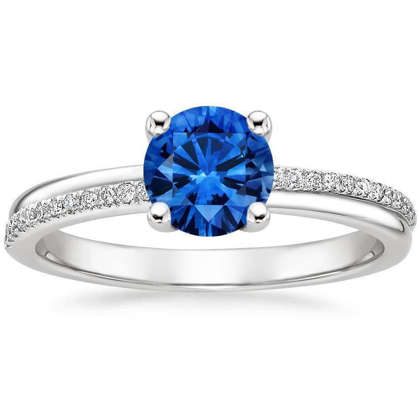 30887 14K White Gold Prong Set 3.30 CT Blue Sapphire & Diamonds Ring, Size 6.5