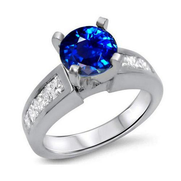 30977 3.20 CT Round & Princess Cut Ceylon Sapphire Diamond Ring, 14K White Gold - Size 6.5