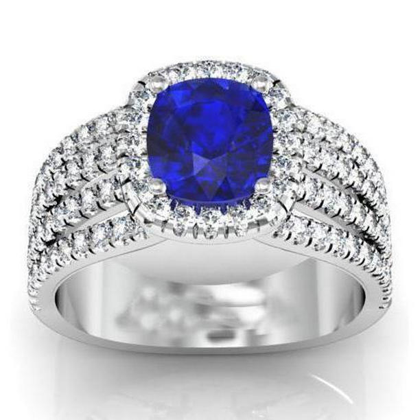 30993 5.80 CT Prong Ceylon Blue Sapphire Diamonds Fancy Ring, 14K White Gold - Size 6.5