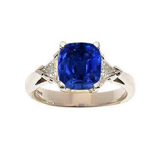Picture of Harry Chad Enterprises 31031 9.46 CT Cushion Ceylon Sapphire & Trillion Diamond Three Stone Ring&#44; Size 6.5