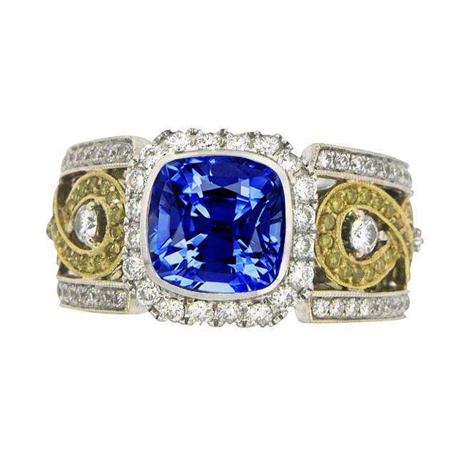 Picture of Harry Chad Enterprises 31048 Sri Lanka Blue Sapphire Cushion Diamonds 3.26 CT 14K Two Tone Ring&#44; Size 6.5