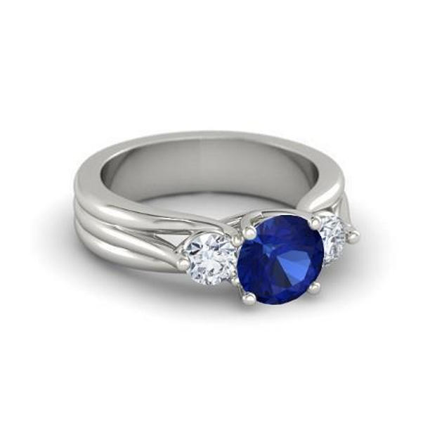 31128 1.75 CT Round Cut Three Stone Ceylon Sapphire Diamond Ring, 14K White Gold - Size 6.5