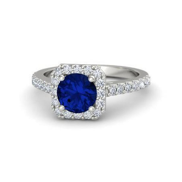2.70 CT Ceylon Sapphire & Diamonds Halo Ring, 14K White Gold - Size 6.5