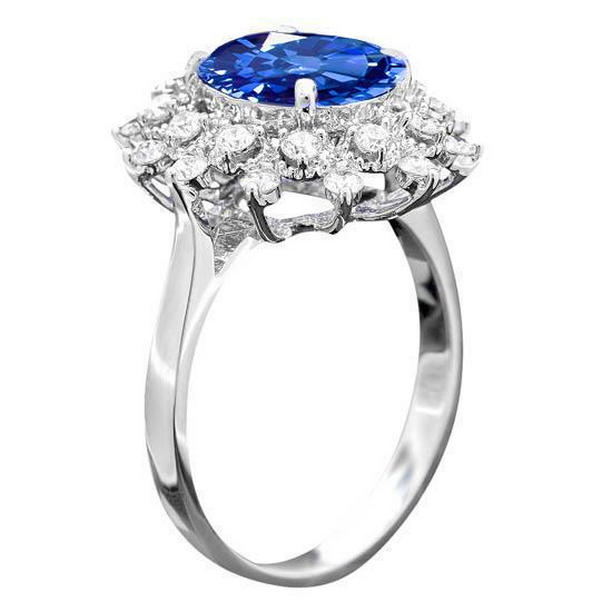 3.75 CT Sri Lanka Sapphire Diamonds Ring, 14K White Gold - Size 6.5
