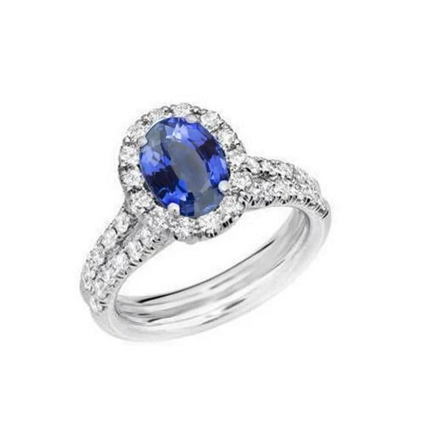 36351 3 CT Oval Blue Sapphire & Round Diamonds Ring, 14K White Gold - Size 6.5