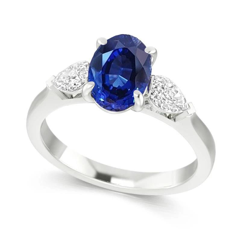 3 CT Oval Ceylon Sapphire & Pear Diamond Three Stone Gold 14K Ring, Size 6.5