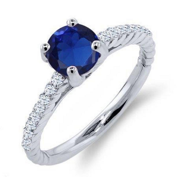 36409 3.80 CT Blue Sapphire with Diamonds Ring, 14K White Gold - Size 6.5