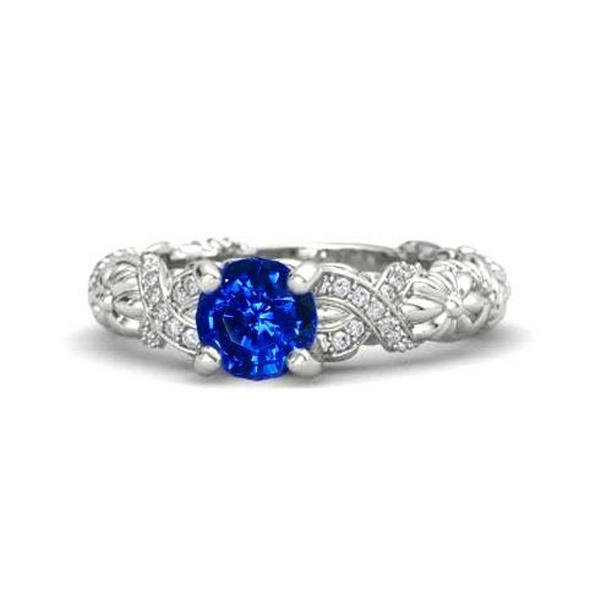 36416 14K White Gold 1.90 CT Round Cut Ceylon Sapphire Diamonds Ring, Size 6.5