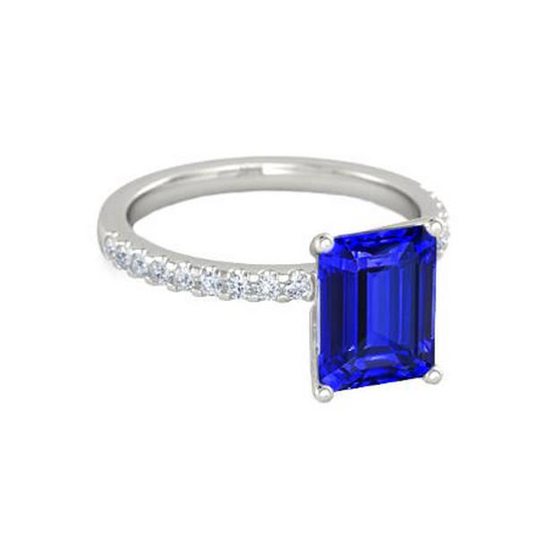 36564 Emerald Cut & Round Cut 2.70 CT Ceylon Sapphire Diamonds Ring, Gold - Size 6.5
