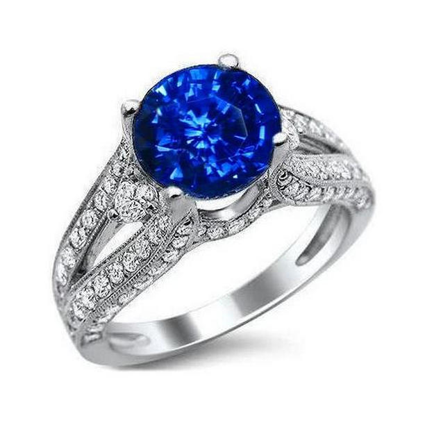 36649 3 CT Round Ceylon Sapphire & Solid Diamond Ring, 14K White Gold - Size 6.5