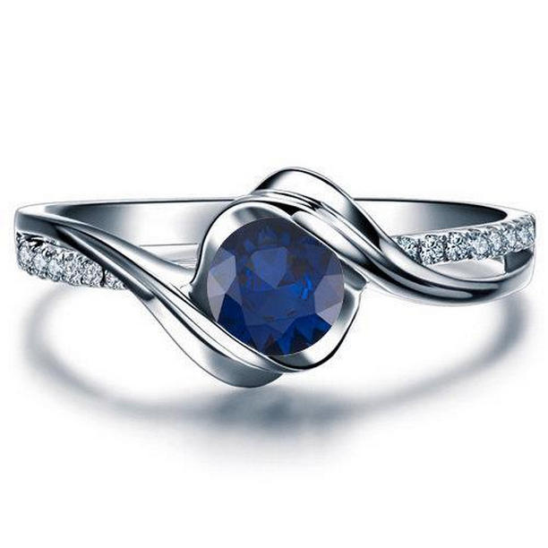 36725 2 CT Ceylon Sapphire Diamonds Fancy Ring, 14K White Gold - Size 6.5