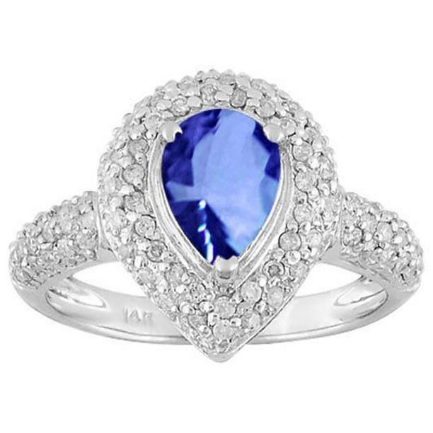 36771 4.40 CT Pear & Round Sri Lankan Blue Sapphire Diamond Ring, 14K White Gold - Size 6.5