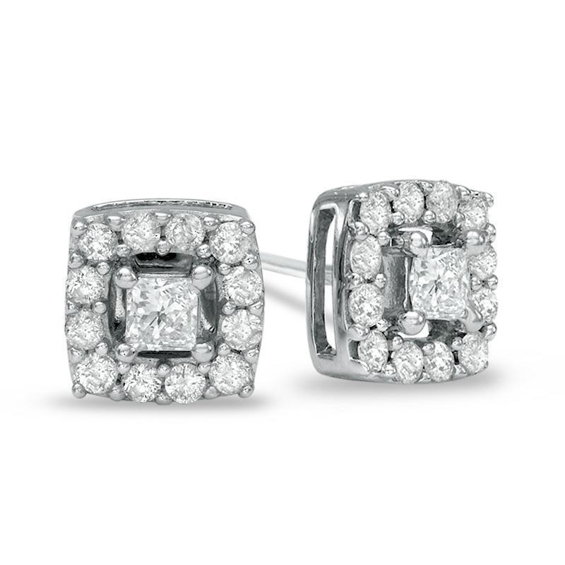 41669 2.2 CT Four Prong Set Princess & Round Diamond Halo Stud Earrings