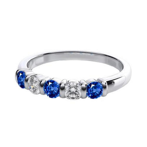 25722 1.75 CT 14K White Gold Round Cut Ceylon Sapphire Diamond Five Stone Ring, Size 6.5