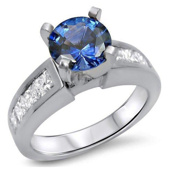 14K White Gold Round & Princess Cut Ceylon Sapphire 3.20 CT Diamonds Ring, Size 6.5
