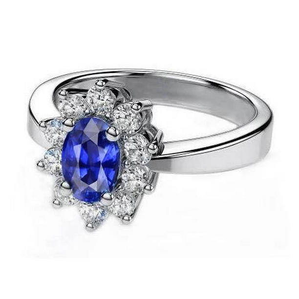 25948 Oval & Round Cut Ceylon Sapphire 2.10 CT Diamond Ring, 14K White Gold - Size 6.5