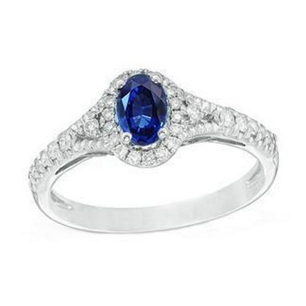 25999 14K White Gold Oval Cut Ceylon Blue Sapphire 3 CT Diamond Ring, Size 6.5