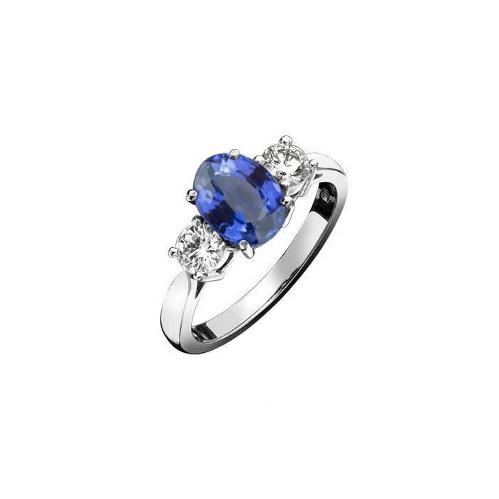 26116 14K White Gold Three Stone 3.50 CT Sapphire & Diamonds Ring, Size 6.5