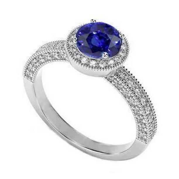 26197 Round Blue Sapphire 4.70 CT Vintage Style Diamond Ring, 14K White Gold - Size 6.5