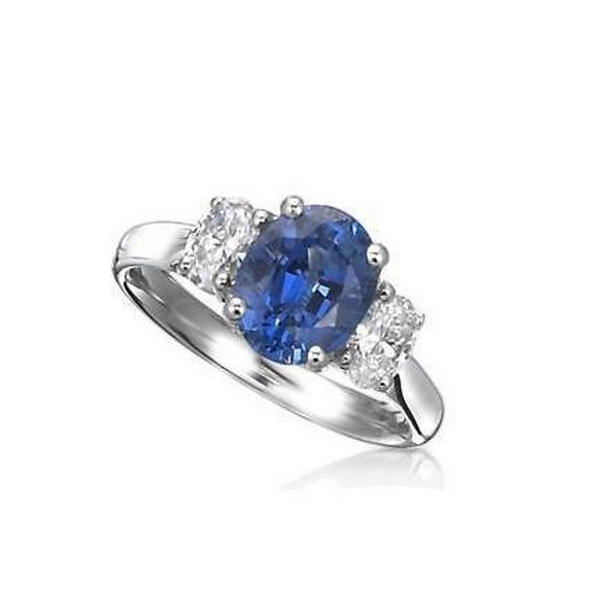 26205 3.50 CT Sri Lankan Sapphire Oval Three Stone Diamond Ring, 14K White Gold - Size 6.5