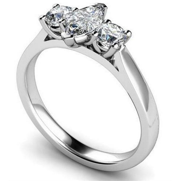 26359 White Gold Marquise & Round Cut 2 CT Diamonds Three Stone Ring, Size 6.5