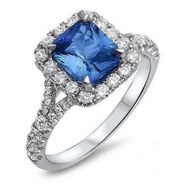 31160 3 CT Radiant Cut Ceylon Sapphire & Round Diamond Ring, 14K White Gold - Size 6.5