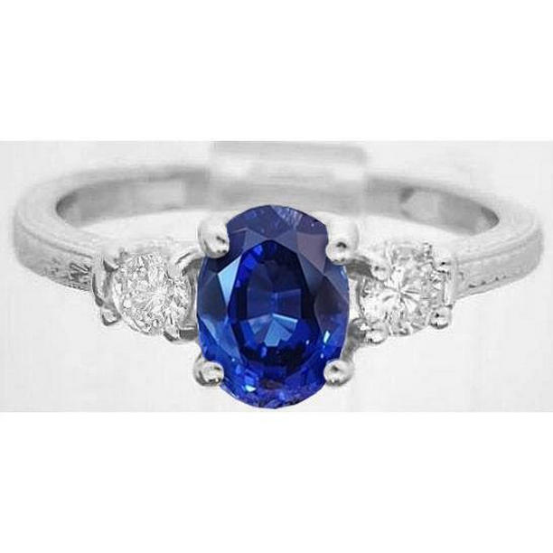 1.5 CT Oval Sri Lanka Sapphire & Diamond Three Stone Ring, 14K Gold - Size 6.5