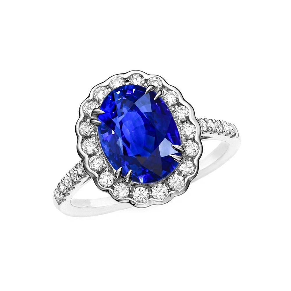 Oval Sri Lankan Sapphire Diamonds 4.30 CT Ring, 14K White Gold - Size 6.5