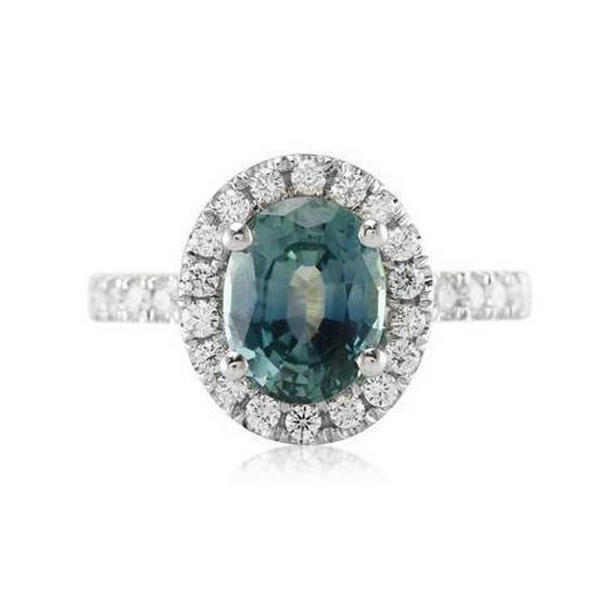 31634 2.5 CT Oval Cut Green Sapphire Diamond Ring, 14K White Gold - Size 6.5