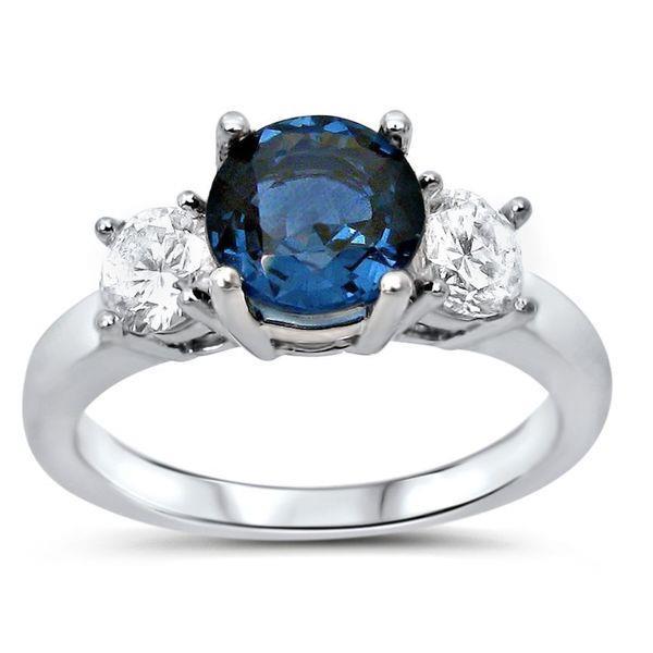 31769 4 CT 3 Stone Oval Sapphire with Round Diamonds Ring, 14K White Gold - Size 6.5