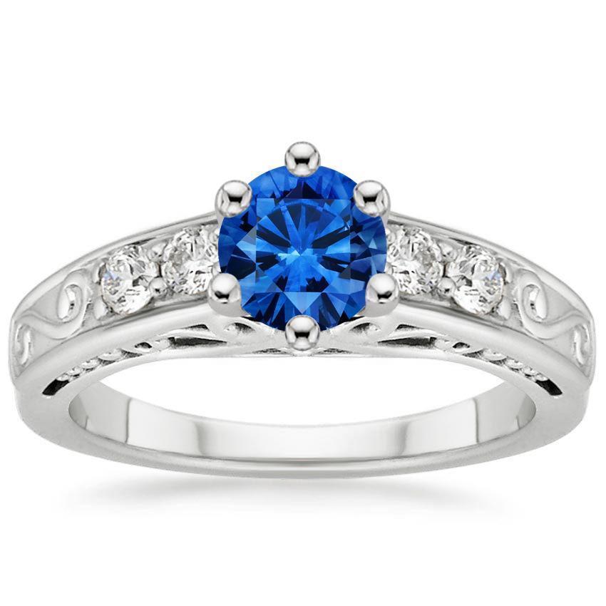 31850 2.60 CT Round Ceylon Sapphire Diamonds Ring, 14K White Gold - Size 6.5