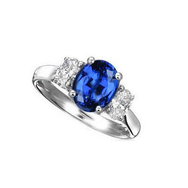 31857 2.60 CT Sri Lankan Blue Sapphire & 3 Stone Diamond Ring, 14K White Gold - Size 6.5